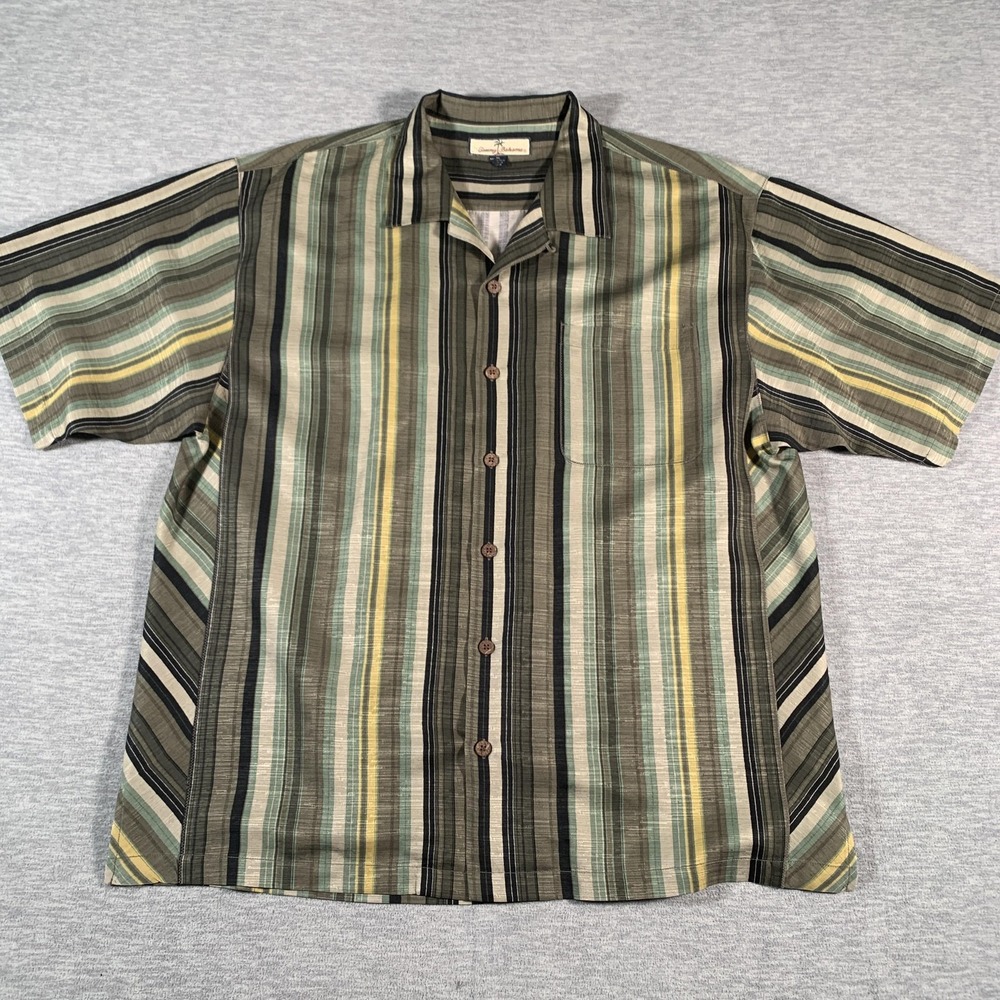 Tommy Bahama Shirt Mens XL Green Black Yellow Striped Silk Button Up Camp Casual